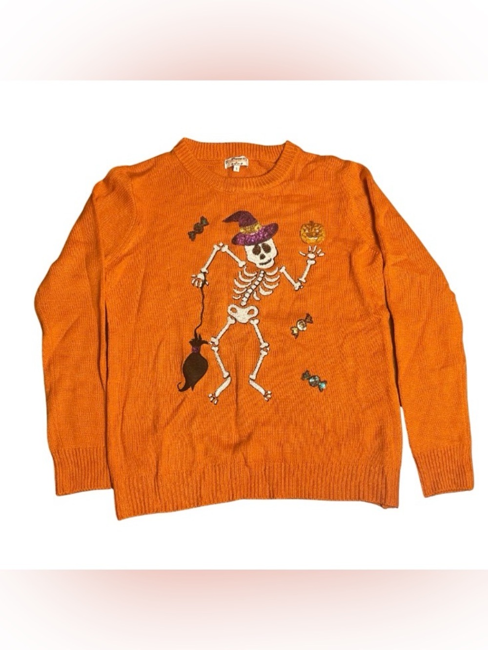 Vintage Poof Halloween Skeleton Orange Knit Pullover Crewneck Sweater Women S